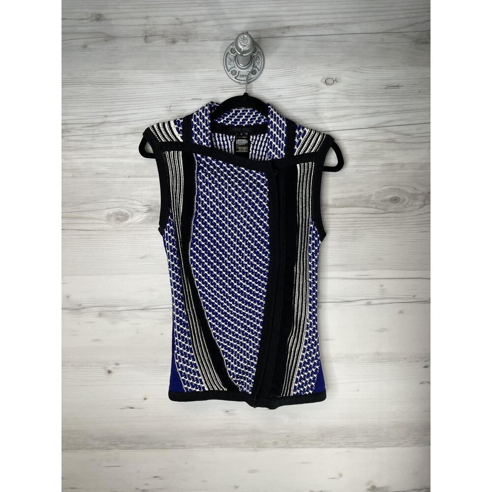 Ohne Titel Vest Womens Small Blue Black Jacquard Knit Sleeveless Open Front